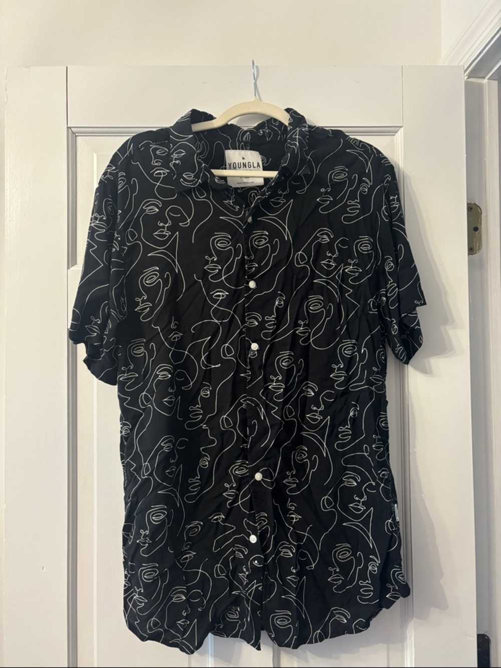 YoungLA Black Short-Sleeve Button Shirt with White Abstract Face Print